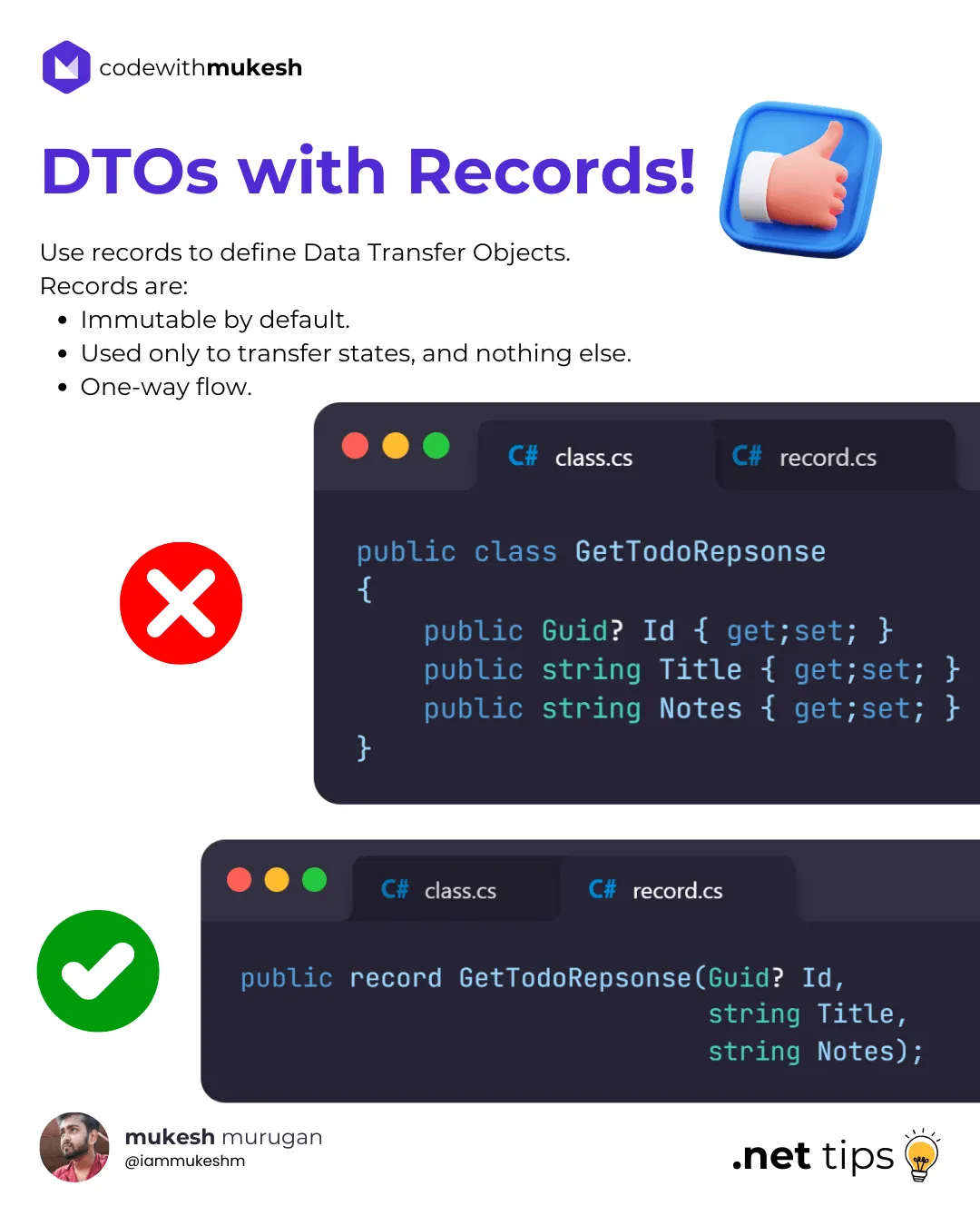 Visual Studio showing a record type ProductDto defined as an immutable DTO in .NET 10
