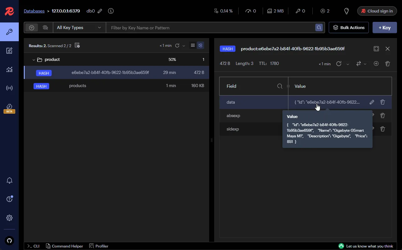 Redis Insight showing cached product data from the ASP.NET Core distributed caching implementation Redis Insight with cached data